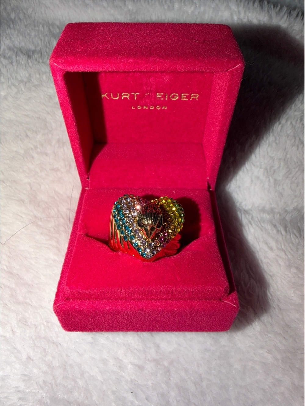 Kurt Geiger Multicolor Crystal Heart Gold Tone Ring in Box